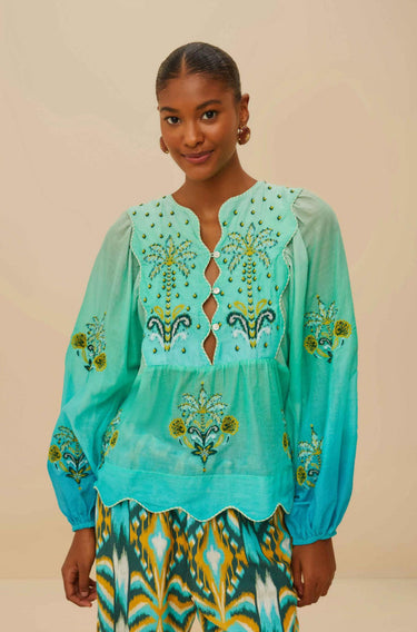 Turquoise Palm Tree Tapestry Blue Wavy Yoke Blouse-Tops-Farm Rio-Debs Boutique
